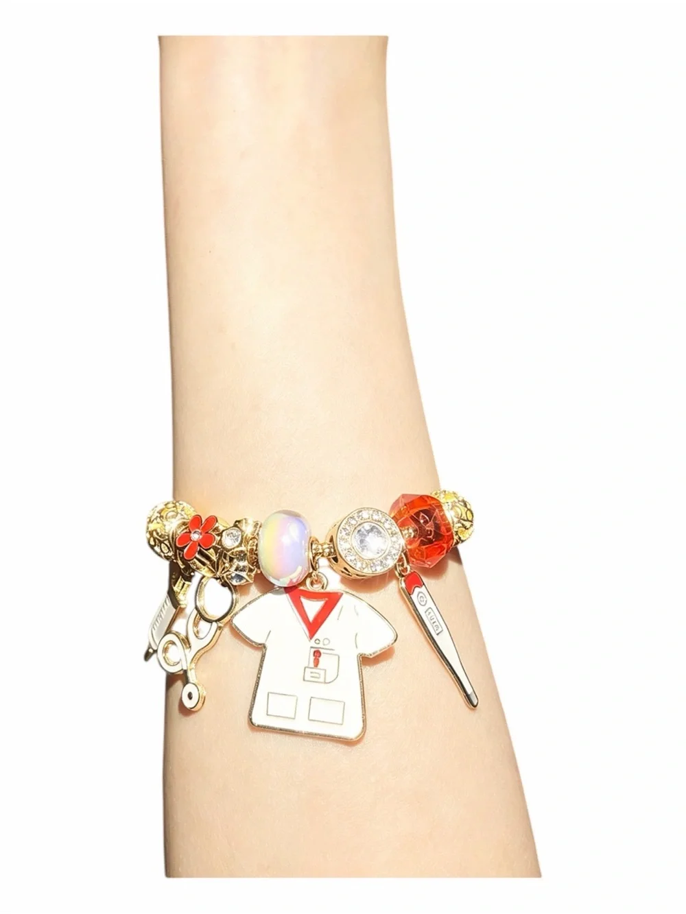 Gold-Tone Nurse Charm Bracelet with White and Red Accents